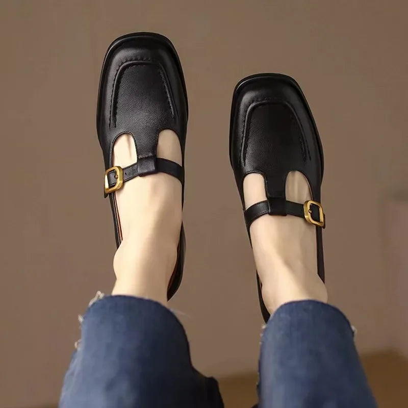 Elegant Leather Mary Jane Loafer for Women with Square Toe T Strap Buckle Block Heel Vintage Style