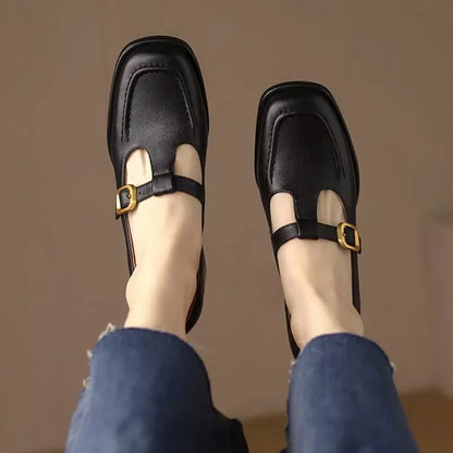 Elegant Leather Mary Jane Loafer for Women with Square Toe T Strap Buckle Block Heel Vintage Style