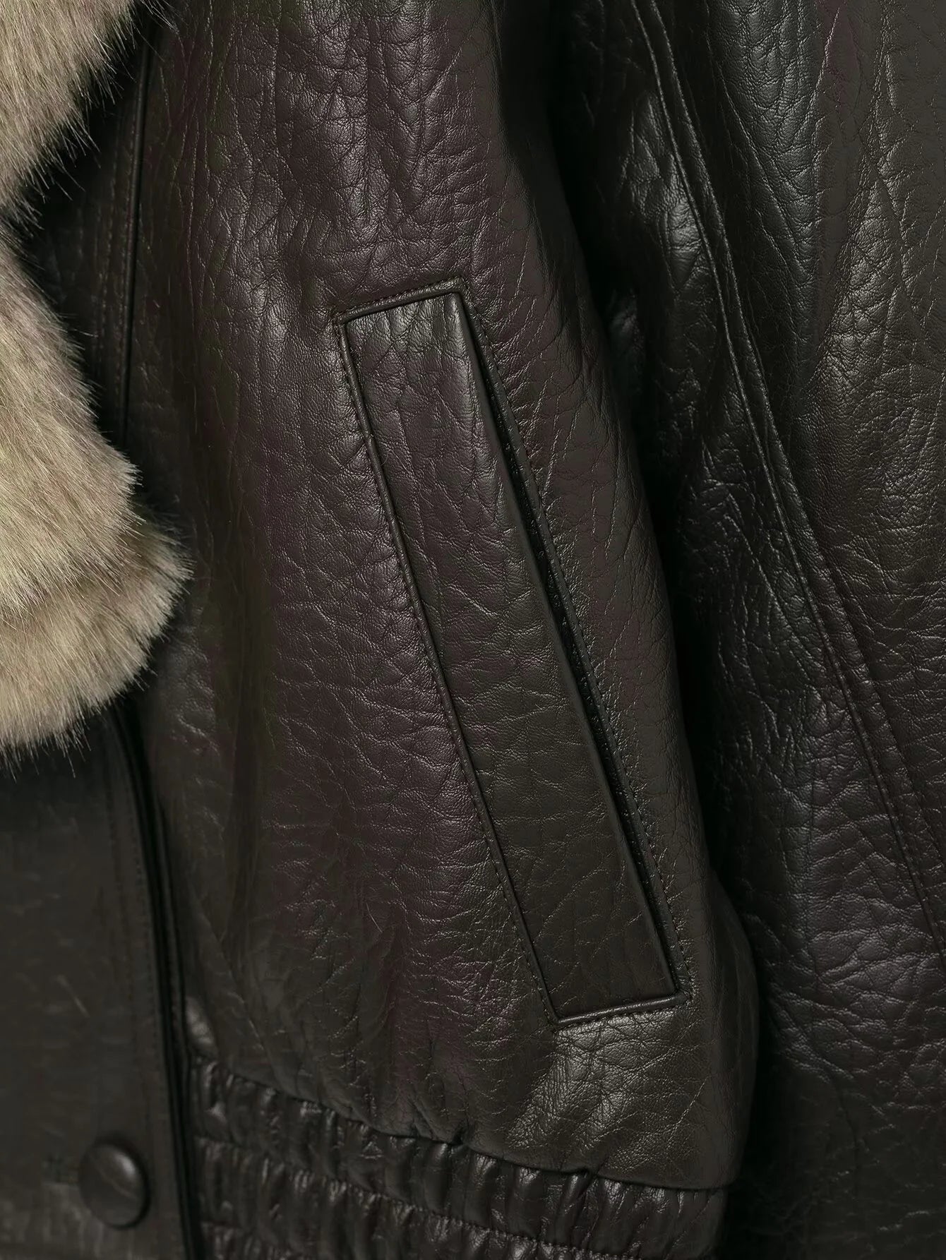 Elegant Faux Fur Collar Leather Jacket for Women with Long Sleeve Oversized Snap Button Bomber Style