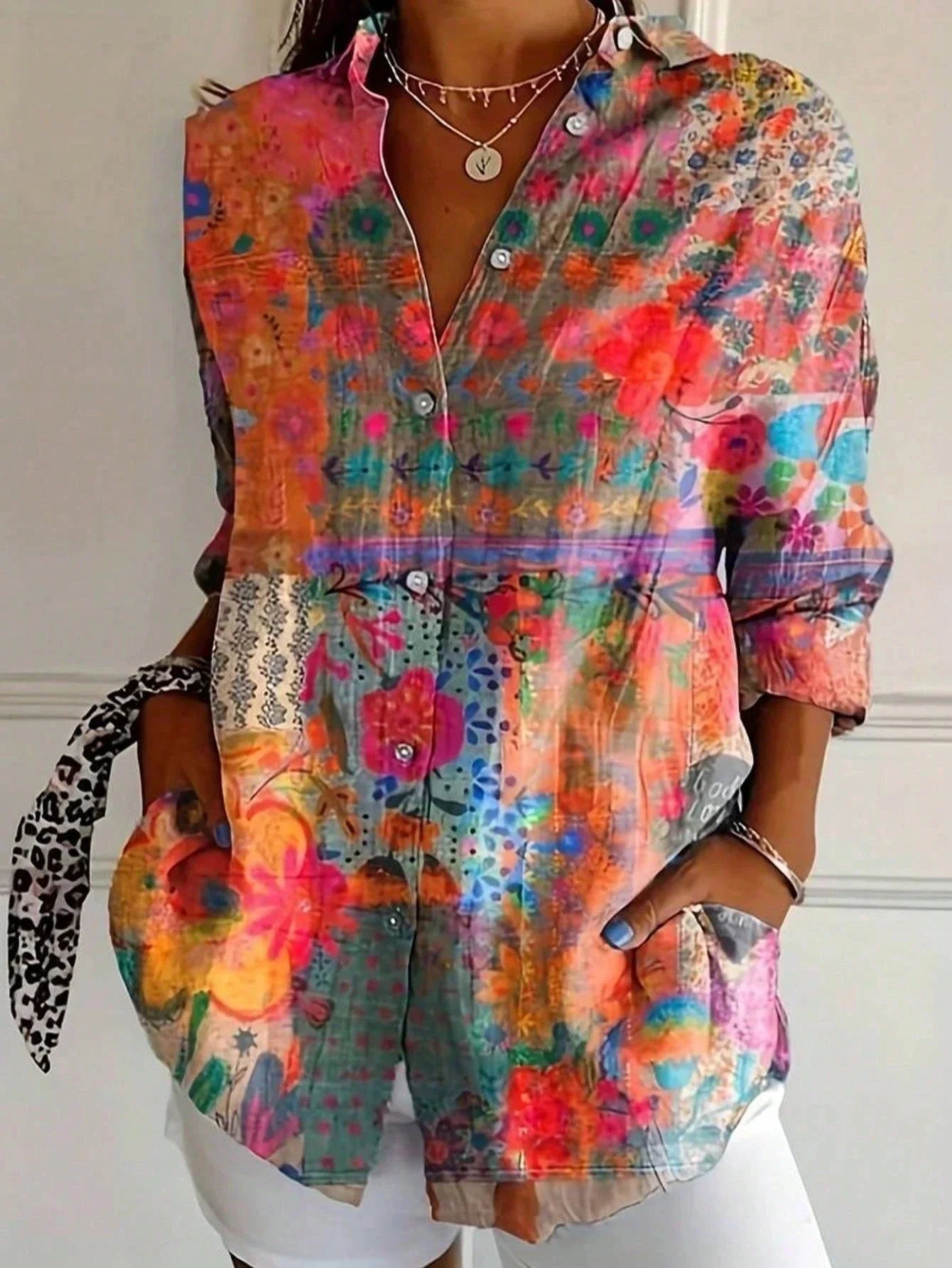 Effortless Watercolor Floral Blouse for Women with Collar Long Sleeve Button Front Relaxed Casual Style