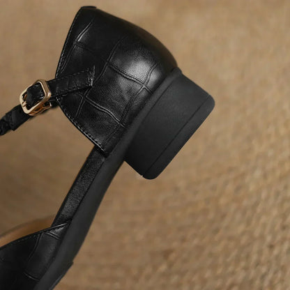 Elegant Croc Embossed T-Strap Flats for Women with Pointed Toe Braided Strap Buckle Closure Style