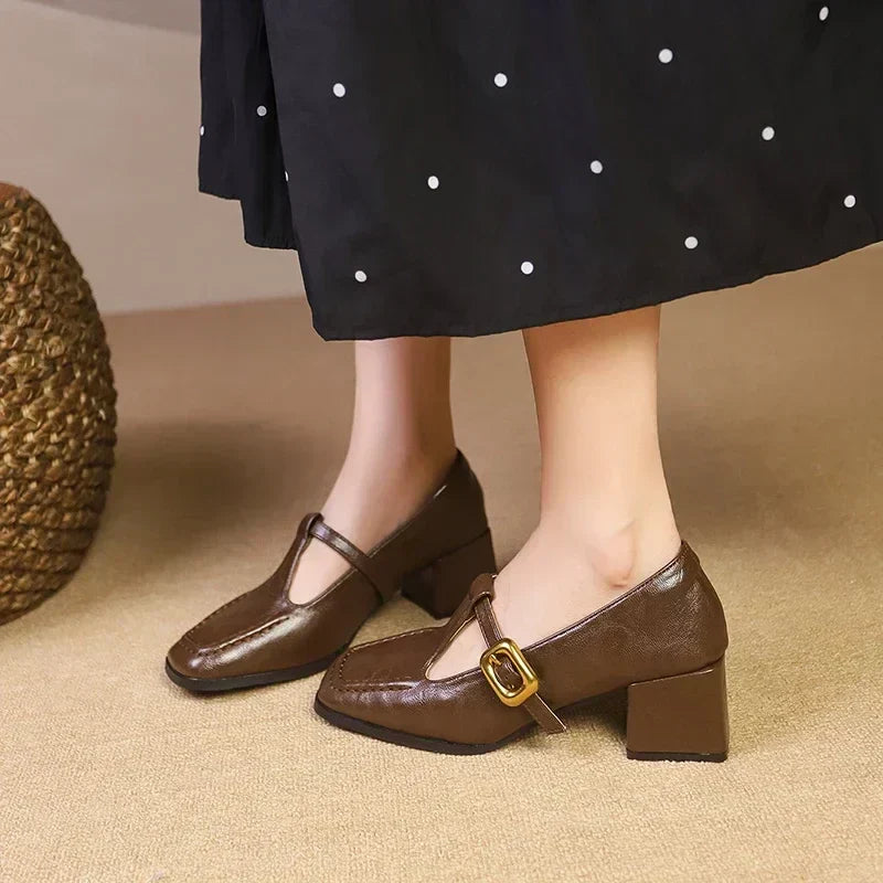 Elegant Leather Mary Jane Pumps for Women with Square Toe T Strap Buckle Block Heel Vintage Style