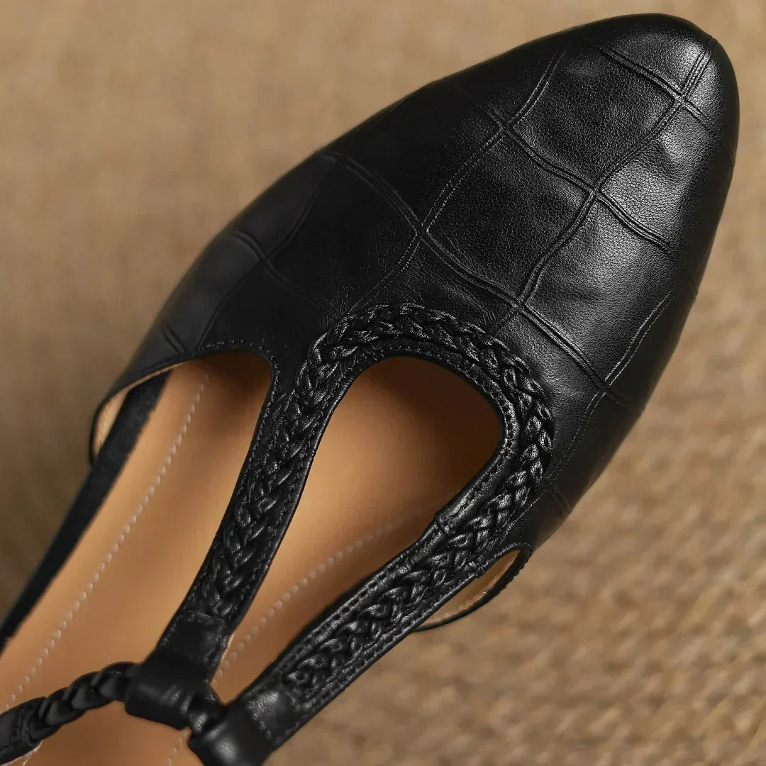 Elegant Croc Embossed T-Strap Flats for Women with Pointed Toe Braided Strap Buckle Closure Style
