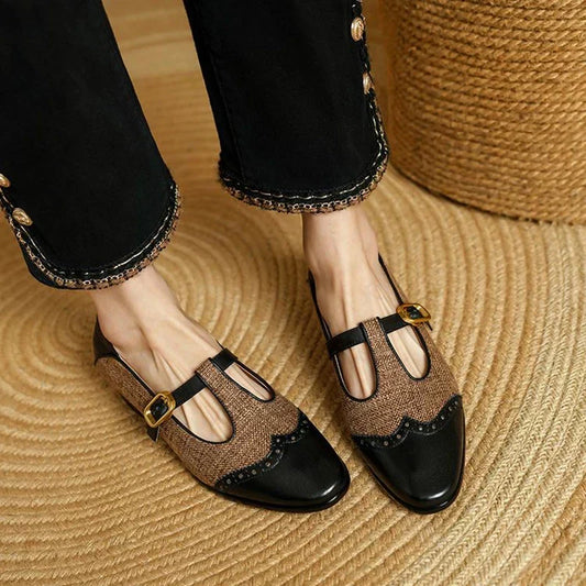 Elegant Tweed Mary Jane Mules for Women with T Strap Wingtip Buckle Block Heel Vintage Style