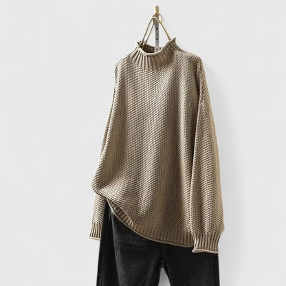 Comfortable Chunky Knit Sweater for Women with Mock Neck Long Sleeve Curved Hem Oversized Knit Style