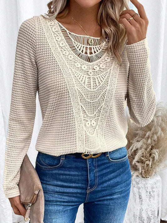 Effortless Crochet Lace Waffle Knit Blouse for Women with Round Neck Long Sleeve Relaxed Boho Style