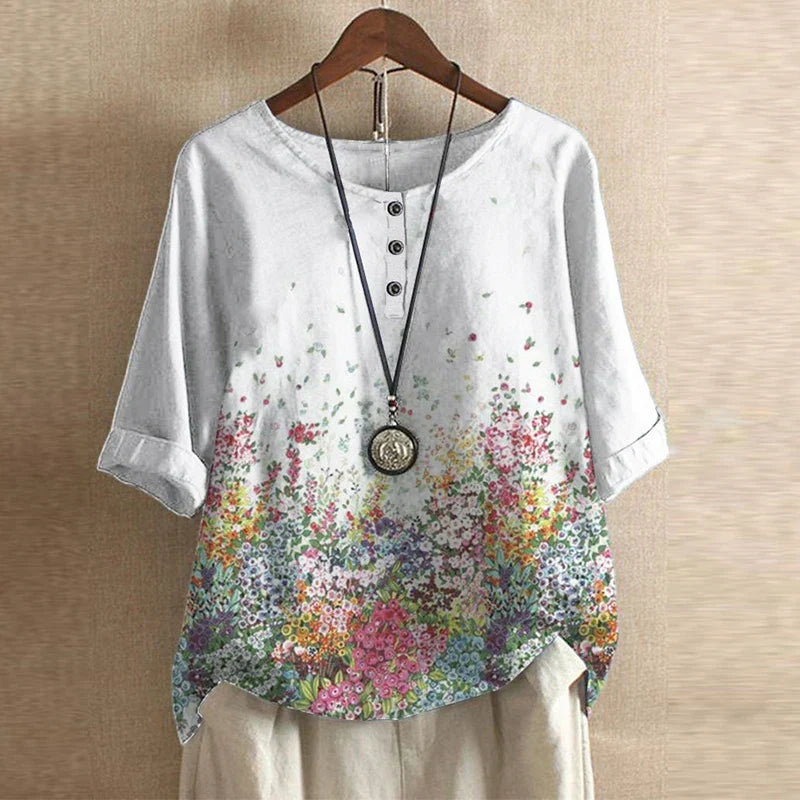 Effortless Patchwork Print Blouse for Women with Round Neck Elbow Sleeve Relaxed Boho Style