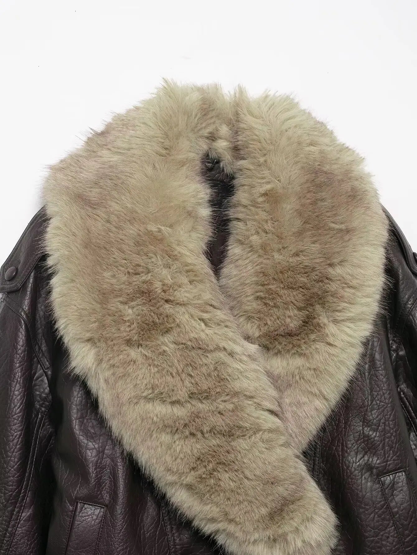 Elegant Faux Fur Collar Leather Jacket for Women with Long Sleeve Oversized Snap Button Bomber Style