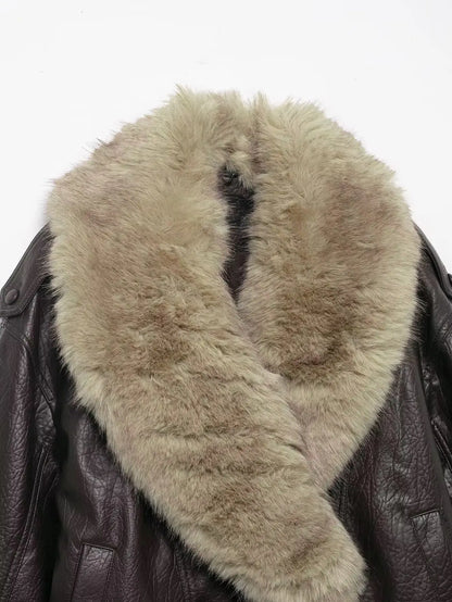 Elegant Faux Fur Collar Leather Jacket for Women with Long Sleeve Oversized Snap Button Bomber Style