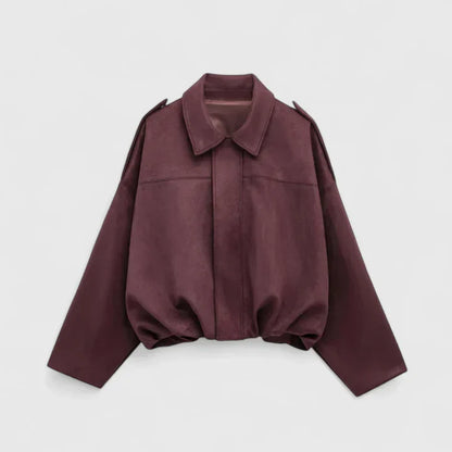 Effortless Faux Suede Cropped Jacket for Women with Point Collar Long Sleeve Oversized Bubble Hem Casual Style