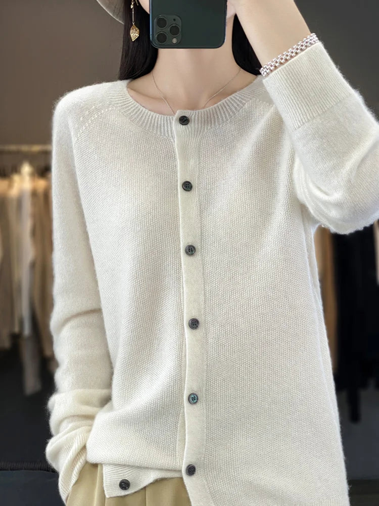Comfortable Knit Cardigan Sweater for Women with Round Neck Long Sleeve Button Front Relaxed Style