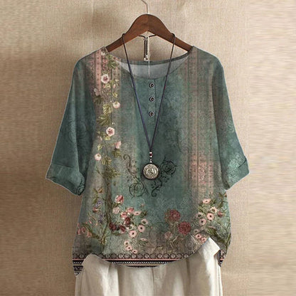 Effortless Patchwork Print Blouse for Women with Round Neck Elbow Sleeve Relaxed Boho Style