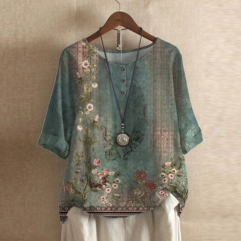 Effortless Patchwork Print Blouse for Women with Round Neck Half Sleeve Relaxed Boho Style