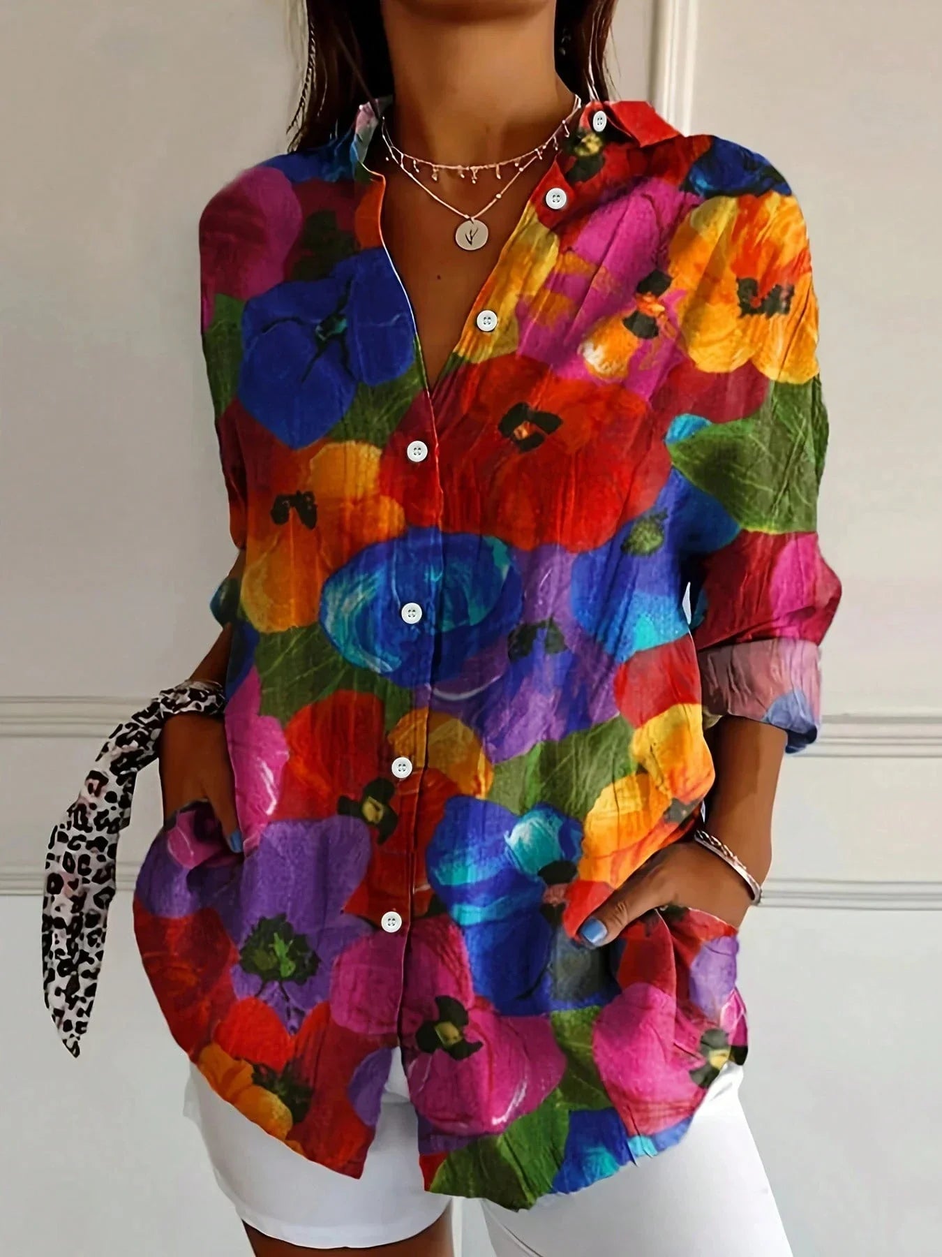 Effortless Watercolor Floral Blouse for Women with Collar Long Sleeve Button Front Relaxed Casual Style
