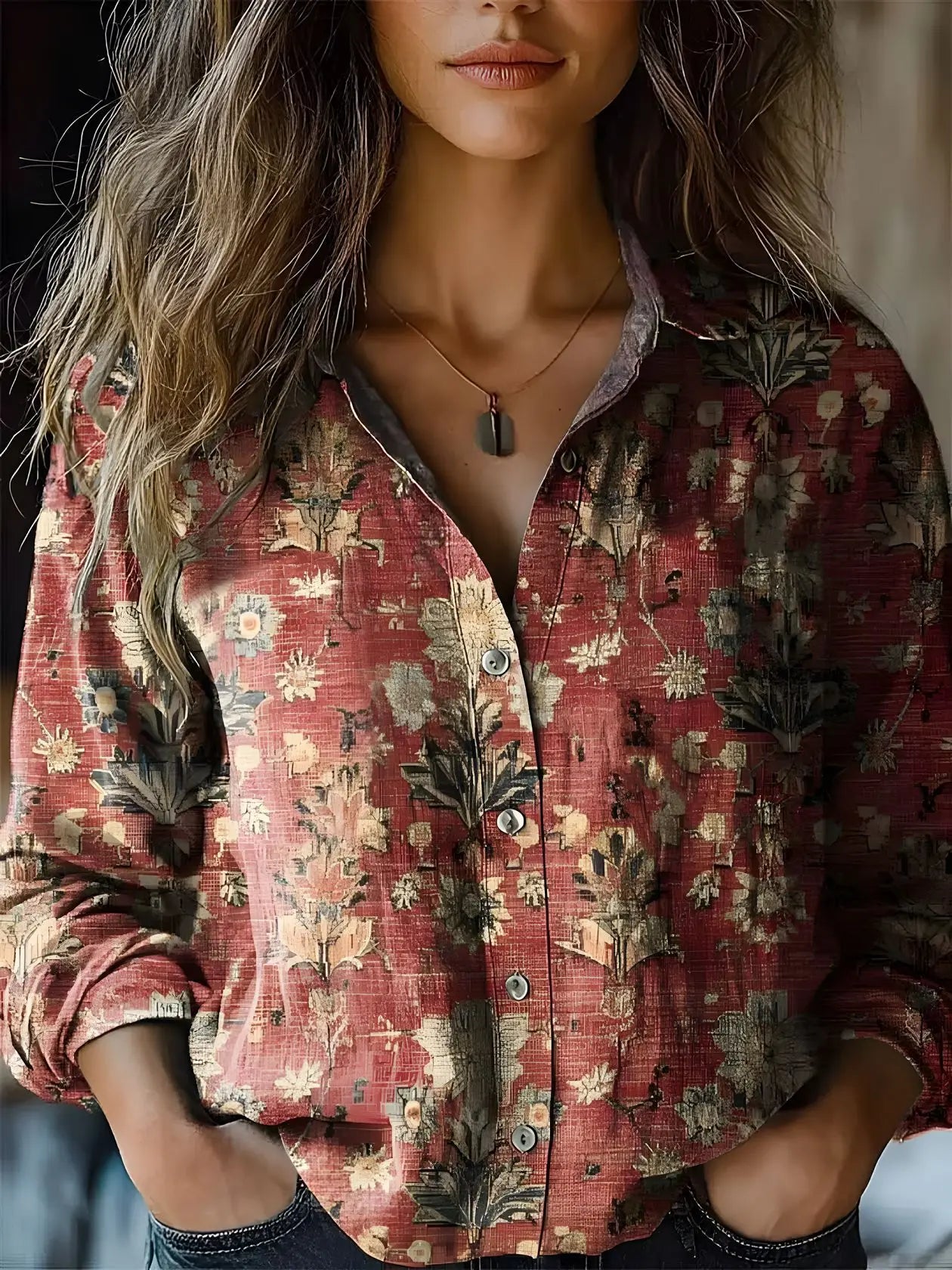 Effortless Floral Print Blouse for Women with Collar Long Sleeve Button Front Relaxed Boho Style