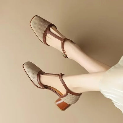 Elegant Perforated Leather T-Strap Sandal for Women with Square Toe Block Heel Buckle Mary Jane Style