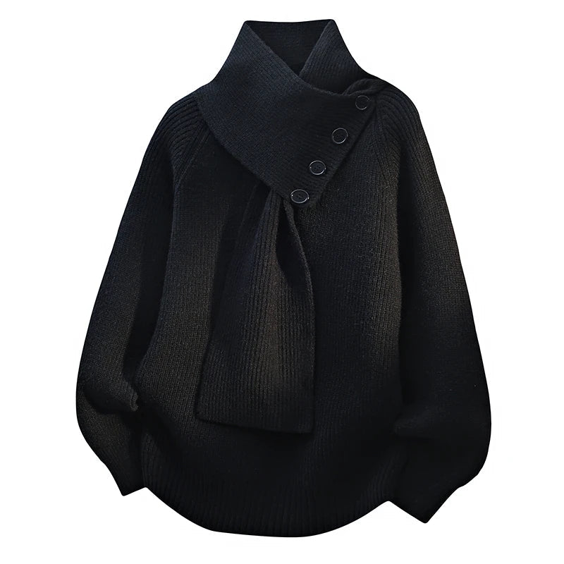 Comfortable Ribbed Sweater for Women with Asymmetric Collar Long Sleeve Button Front Oversized Knit Style
