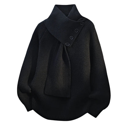 Comfortable Ribbed Sweater for Women with Asymmetric Collar Long Sleeve Button Front Oversized Knit Style