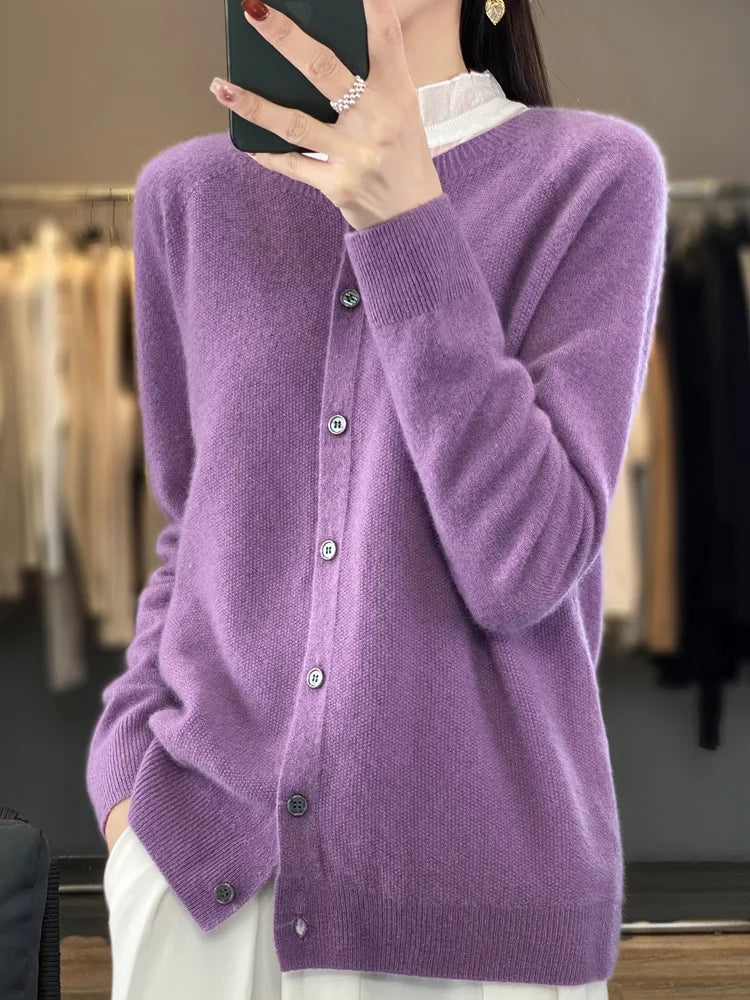 Comfortable Knit Cardigan Sweater for Women with Round Neck Long Sleeve Button Front Relaxed Style