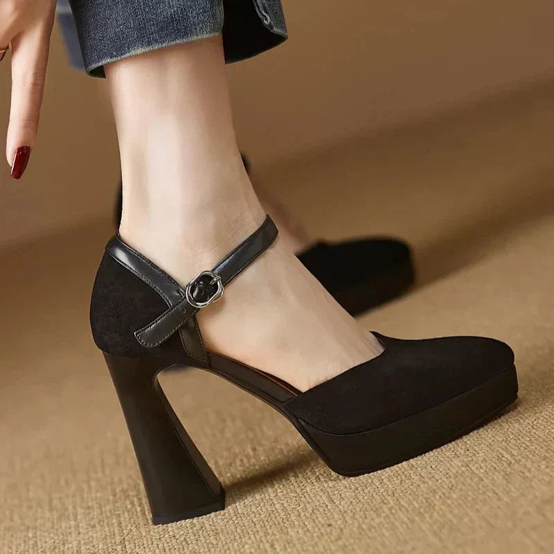 Stylish Suede Platform Pumps for Women with Mary Jane Ankle Strap Chunky Heel Style