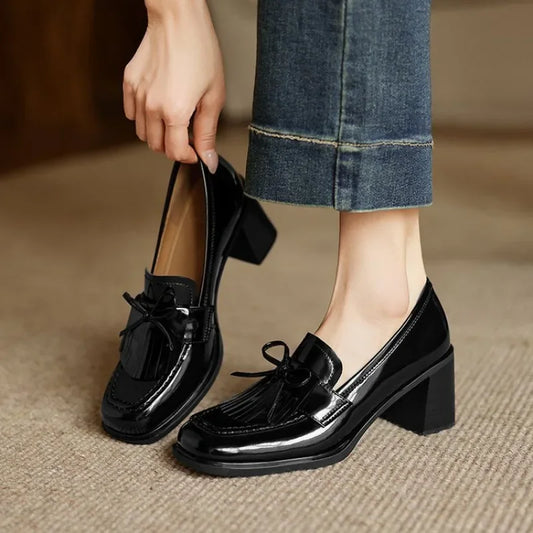 Elegant Patent Leather Tassel Loafer for Women with Round Toe Block Heel Chic Style