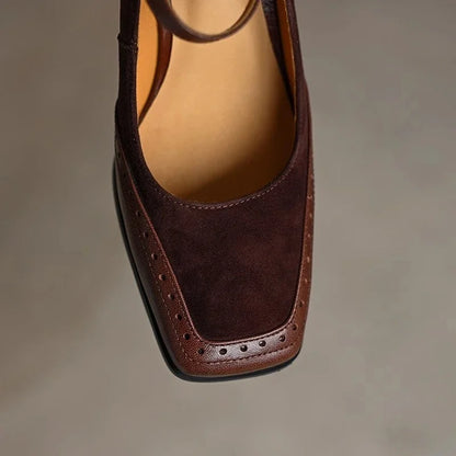 Elegant Brogue Mary Jane Pumps for Women with Square Toe Buckle Strap Block Heel Style