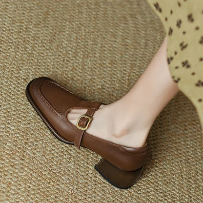 Elegant Leather Mary Jane Loafer for Women with Square Toe T Strap Buckle Block Heel Vintage Style