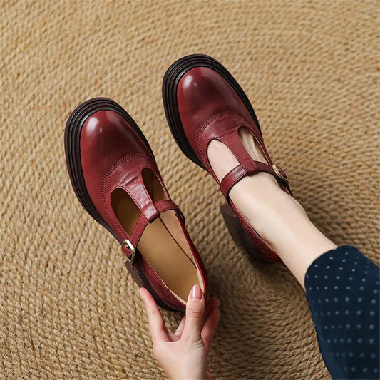 Elegant Leather Mary Jane Platform Heels for Women with T Strap Buckle Round Toe Chunky Heel Style