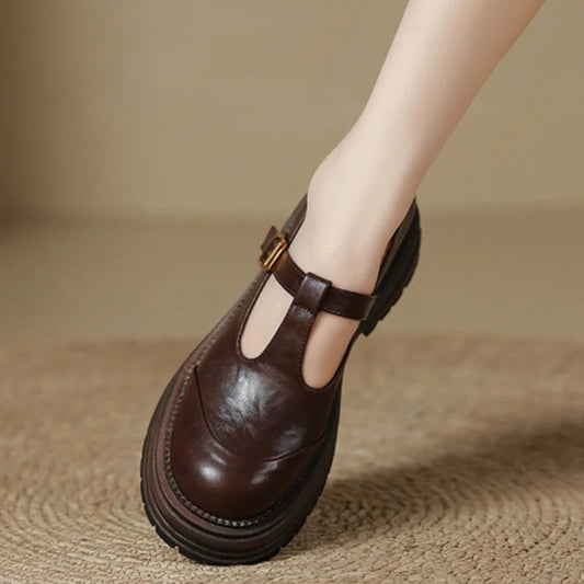 Comfortable Leather Mary Jane Platform Shoe for Women with T Strap Buckle Chunky Sole Vintage Style