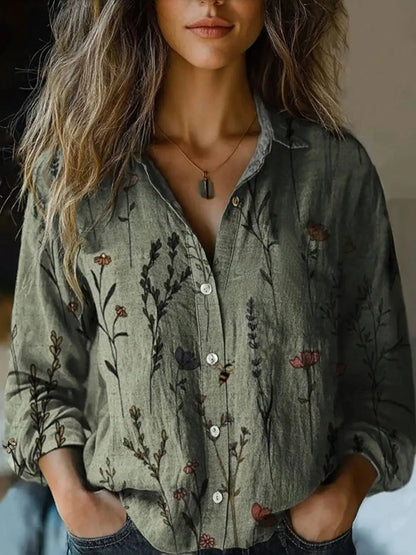 Effortless Floral Print Blouse for Women with Collar Long Sleeve Button Front Relaxed Boho Style