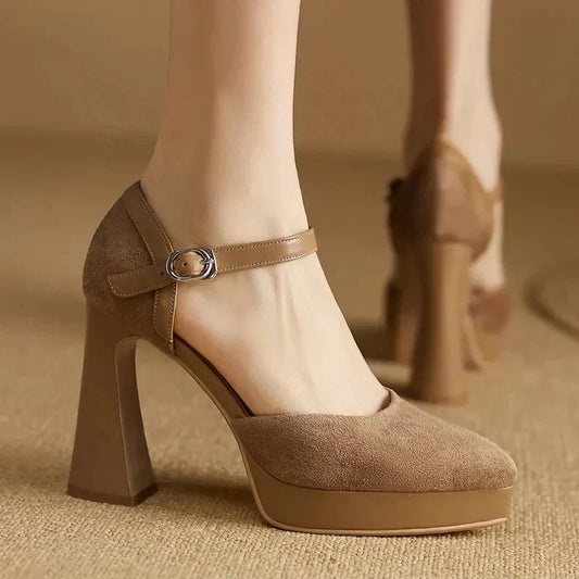 Stylish Suede Platform Pumps for Women with Mary Jane Ankle Strap Chunky Heel Style