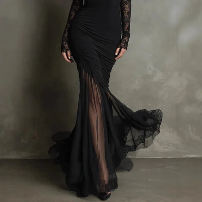 Elegant Black Lace Maxi Dress for Women with V Neck Long Sleeve Mermaid Sheer Style