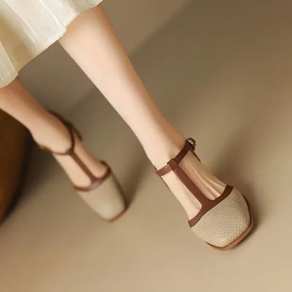 Elegant Perforated Leather T-Strap Sandal for Women with Square Toe Block Heel Buckle Mary Jane Style