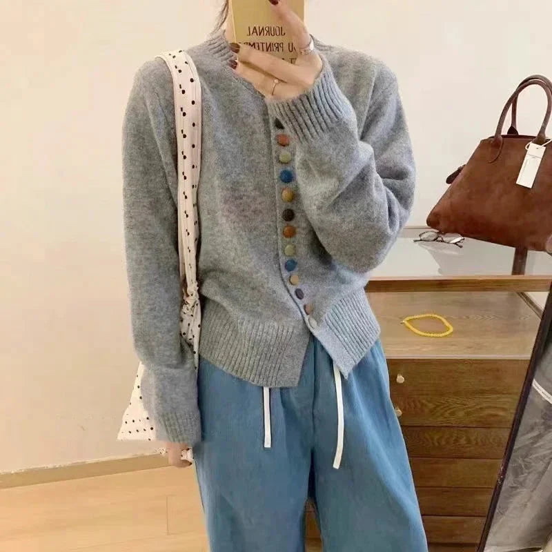 Comfortable Rainbow Button Cardigan Sweater for Women with Round Neck Long Sleeve Cropped Ribbed Knit Style