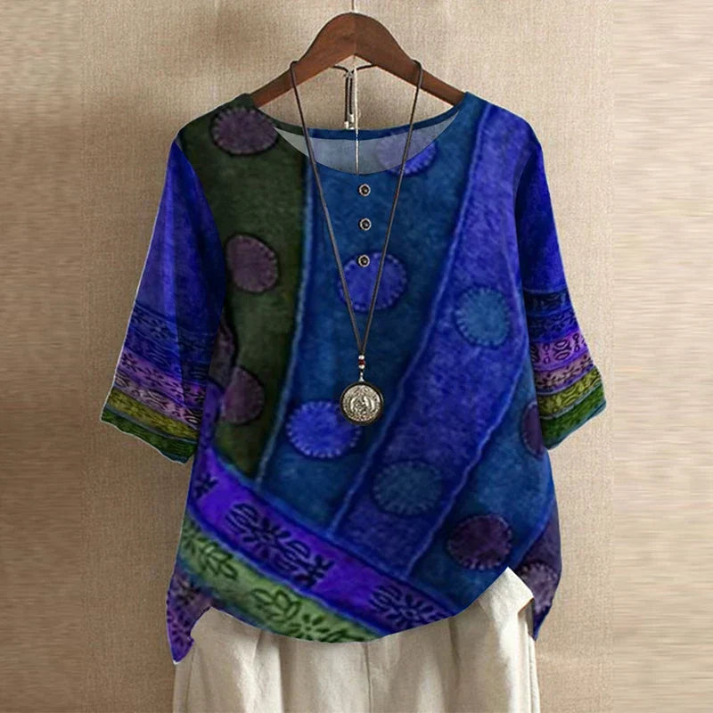 Effortless Patchwork Print Blouse for Women with Round Neck Elbow Sleeve Relaxed Boho Style