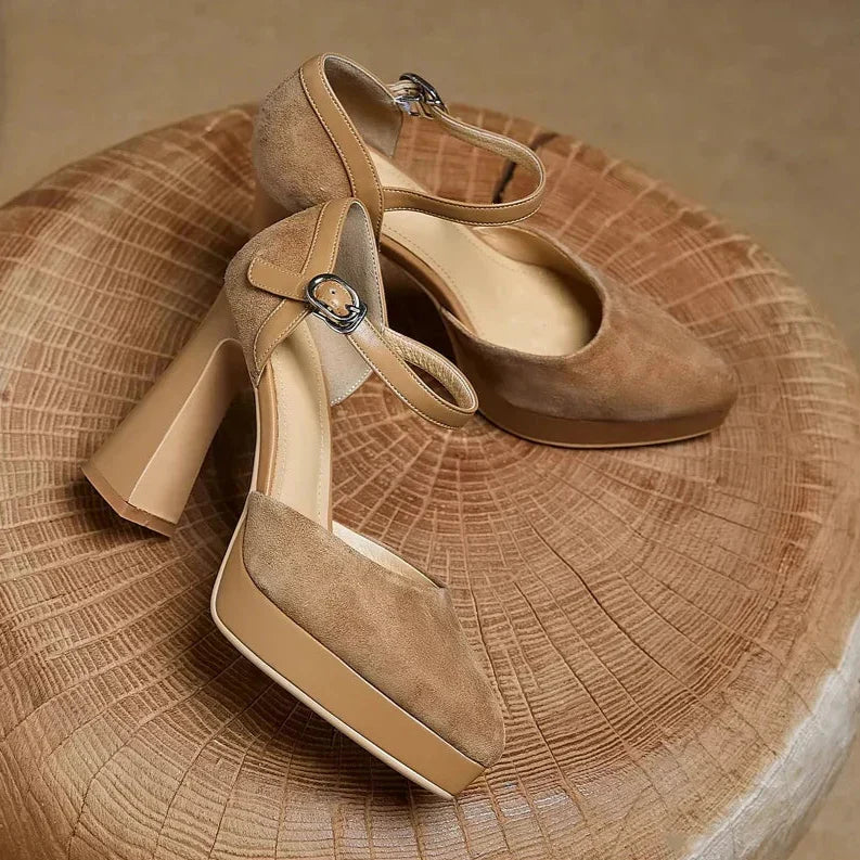 Stylish Suede Platform Pumps for Women with Mary Jane Ankle Strap Chunky Heel Style