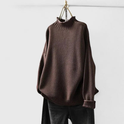 Comfortable Chunky Knit Sweater for Women with Mock Neck Long Sleeve Curved Hem Oversized Knit Style