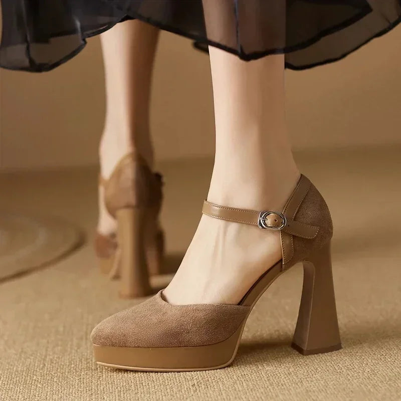 Stylish Suede Platform Pumps for Women with Mary Jane Ankle Strap Chunky Heel Style