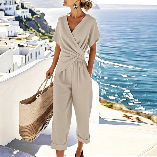 Effortless Wide Leg Jumpsuit for Women with V Neck Short Sleeve Wrap Waist Cropped Style