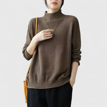 Comfortable Chunky Knit Sweater for Women with Mock Neck Long Sleeve Curved Hem Oversized Knit Style
