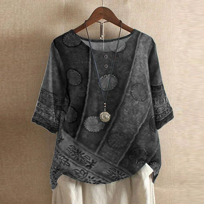Effortless Patchwork Print Blouse for Women with Round Neck Elbow Sleeve Relaxed Boho Style