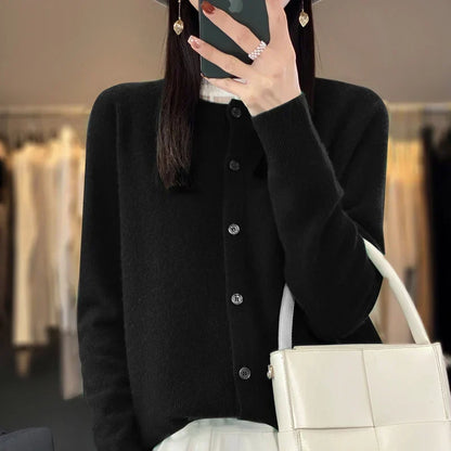 Comfortable Knit Cardigan Sweater for Women with Round Neck Long Sleeve Button Front Relaxed Style