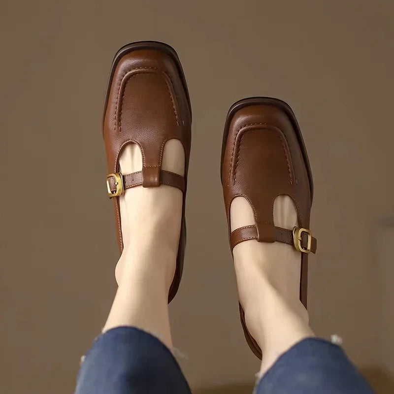 Elegant Leather Mary Jane Loafer for Women with Square Toe T Strap Buckle Block Heel Vintage Style