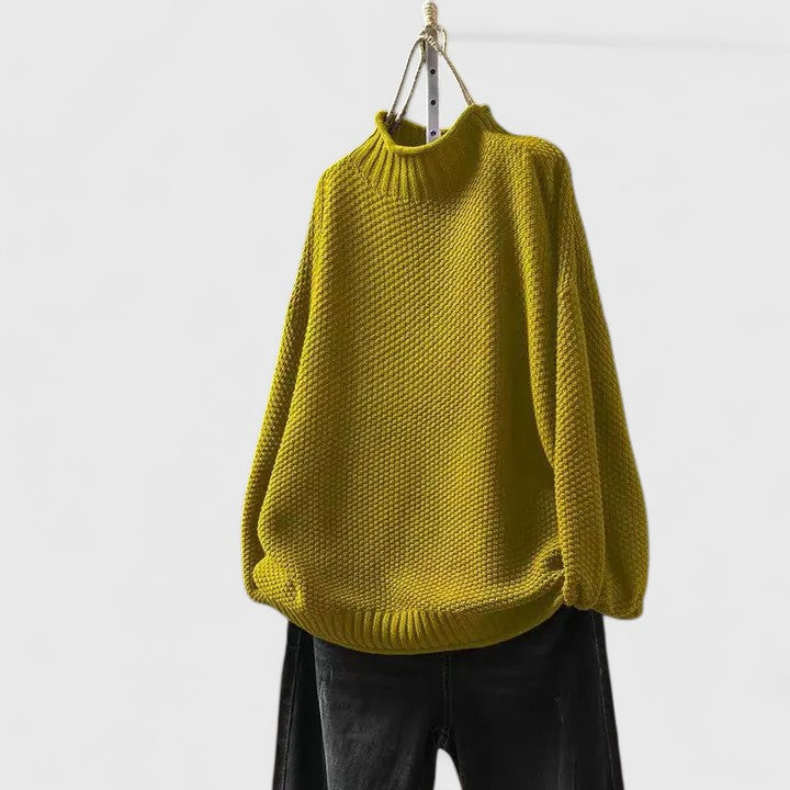 Comfortable Chunky Knit Sweater for Women with Mock Neck Long Sleeve Curved Hem Oversized Knit Style