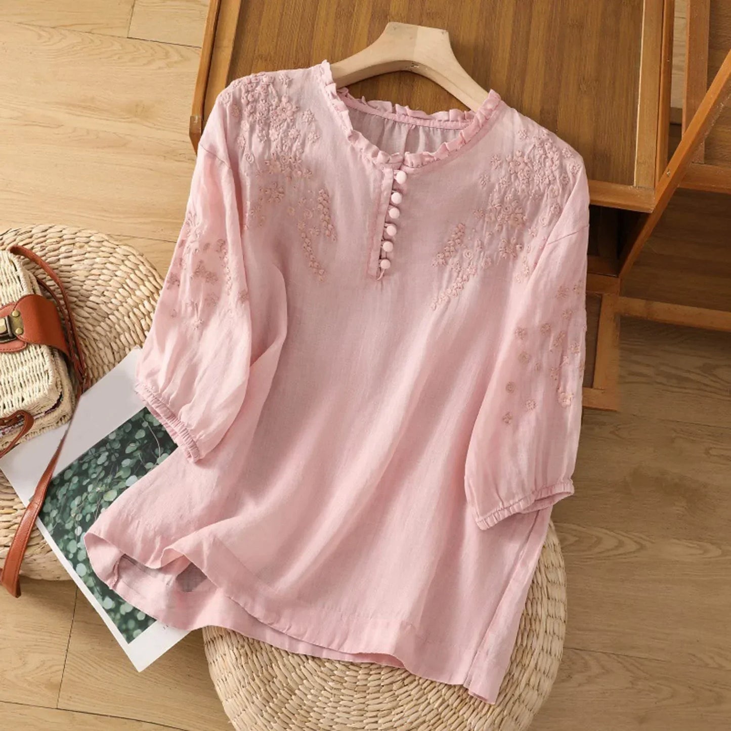 Effortless Embroidered Linen Blouse for Women with V Neck Elbow Sleeve Ruffled Collar Relaxed Boho Style