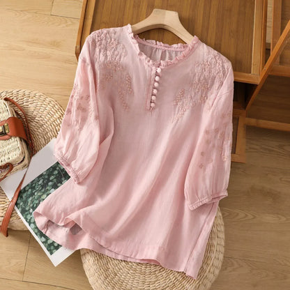 Effortless Embroidered Linen Blouse for Women with V Neck Elbow Sleeve Ruffled Collar Relaxed Boho Style