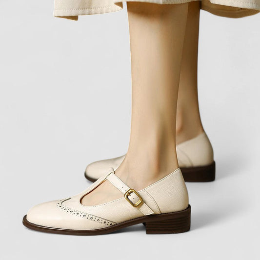 Elegant Leather Mary Jane Shoes for Women with T Strap Buckle Wingtip Vintage Style
