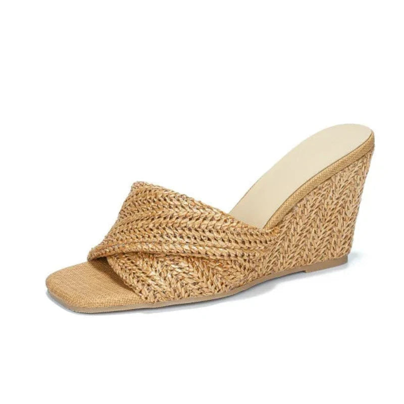 Effortless Woven Wedge Sandal for Women with Crisscross Open Toe Slide Casual Style
