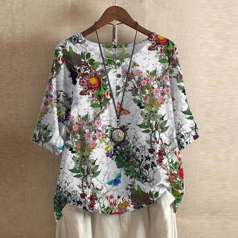 Effortless Patchwork Print Blouse for Women with Round Neck Elbow Sleeve Relaxed Boho Style