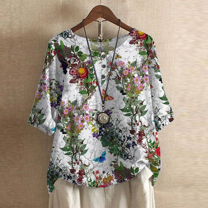 Effortless Patchwork Print Blouse for Women with Round Neck Elbow Sleeve Relaxed Boho Style